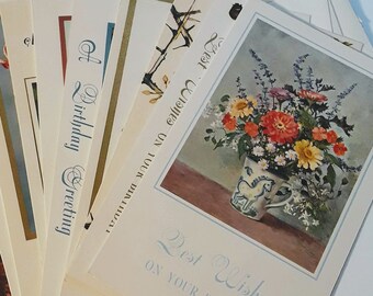 Vintage Birthday Cards  / 10 birthday greetings + envelopes / unmarked assortment / beautiful script inside / gold photo birds flowers ocean