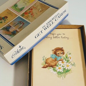 cartes de vœux Gibson vintage / 16 obtenir des cartes de puits - enveloppes / boîte complète avec 4 dessins / cartes de vœux en boîte / leur souhaite la santé aujourd’hui!