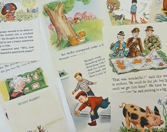 Vintage Children's Book Pages / 35 illustrated pages 4 sizes / Whitman + Rand McNally + Golden / 1940s-1970s children's images / old paper