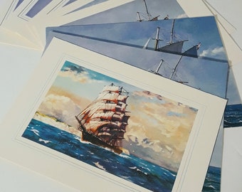 Nautical Notes / 8 blue boat greeting cards + envelopes / Handi-Card mini works of art! / ship paintings / 4 designs / blank textured cards