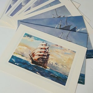 Notes nautiques / 8 cartes de voeux de bateau bleu + enveloppes / Mini-œuvres d’art Handi-Card! / peintures de navire / 4 dessins / cartes texturées vierges