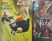 2 Vintage Swiss Family Robinson Books Johann Wyss 1968 full 1974 adapted version hard cover book black, white, color illustrations