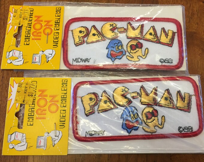 2 Vintage Pacman Iron on Patches / Midway 1981 Embroidered Video Game