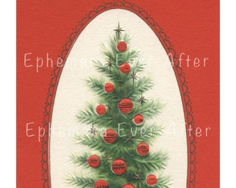 Vintage Christmas Card - DIGITAL DOWNLOAD - retro Christmas tree with red ornaments and background - print instantly