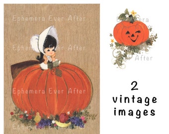 1960s vintage Thanksgiving Card - DIGITAL DOWNLOAD - 2 .jpg images - clipart of girl with bonnet & pumpkin plus winking pumpkin