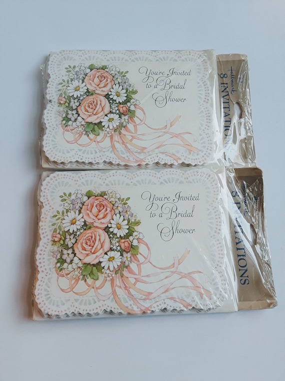 embossed 1960s-1970s NOS bridal shower paper invitations set of 8 unused unopened Hallmark pink white