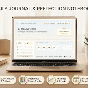 Puede incluir: Un portátil que muestra una interfaz de diario y cuaderno de reflexión con un rastreador de estado de ánimo, estadísticas y el texto Daily Journal. Debajo del portátil hay cuatro insignias que dicen 100% Private & Offline, Interactive Mood Tracker, Analytics & Streaks e Instant HTML Download.