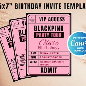 BLACKPINK Geburtstagseinladung VIP-Karte | Bearbeitbare Canva Vorlage | KPOP Party einladen | Pink & Schwarz Glam Printable | Geburtstag