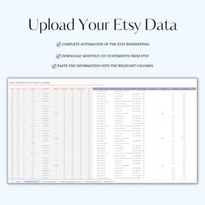 K&ouml;nnte beinhalten: Eine Tabellenkalkulation mit dem Titel "Etsy-Zahlungs-Konto-Upload" mit Spalten f&uuml;r Datum, Transaktions-ID, Transaktionsart, Artikelbezeichnung, Menge, Preis, Versand, Rabatt, Steuer und Gesamtbetrag. Die Tabellenkalkulation soll Etsy-Verk&auml;ufern helfen, ihre Buchhaltung zu automatisieren.