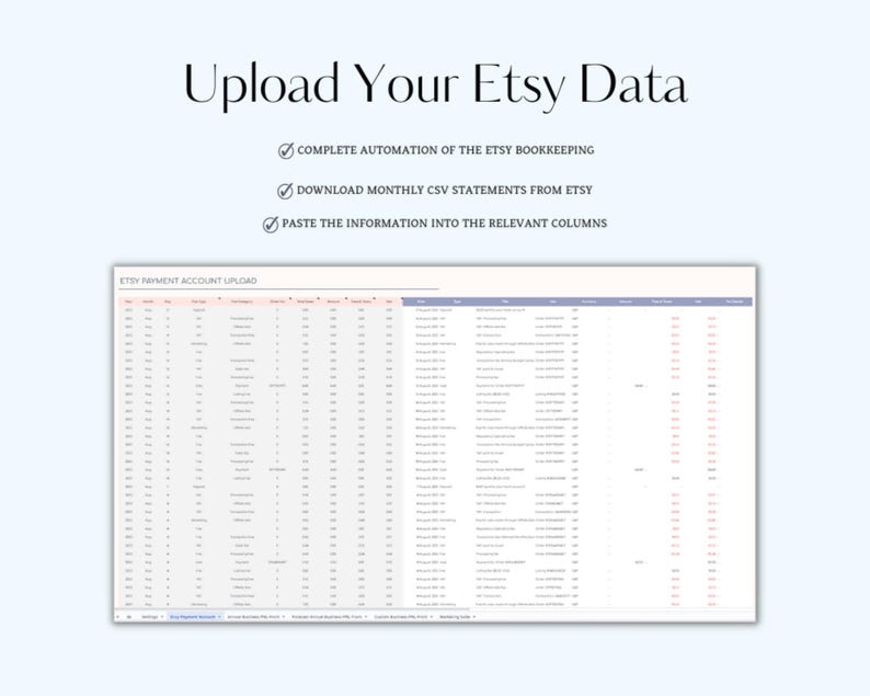 K&ouml;nnte beinhalten: Eine Tabellenkalkulation mit dem Titel "Etsy-Zahlungs-Konto-Upload" mit Spalten f&uuml;r Datum, Transaktions-ID, Transaktionsart, Artikelbezeichnung, Menge, Preis, Versand, Rabatt, Steuer und Gesamtbetrag. Die Tabellenkalkulation soll Etsy-Verk&auml;ufern helfen, ihre Buchhaltung zu automatisieren.