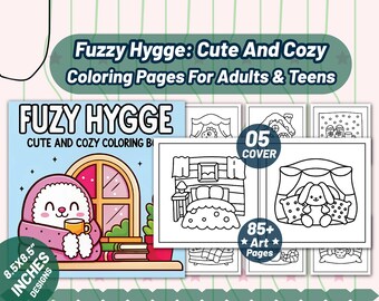 Fuzzy Hygge Coloring Book, Cute Animals, Cozy Designs (Printable PDF)