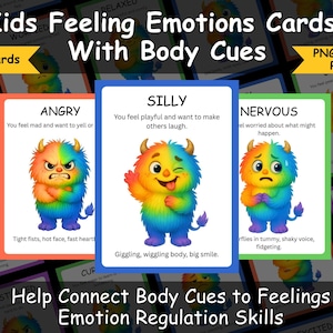 May include: A collection of children's emotion cards, displaying cartoon monsters representing feelings such as anger, silliness, and nervousness. Each card has text describing the emotion and associated body cues.