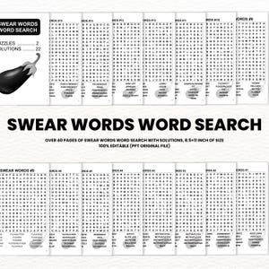 以下が含まれることがあります： 「Swear Words Word Search」というタイトルの白黒の印刷可能な単語検索パズル。このパズルには、40ページ以上の汚い言葉と解答が含まれています。パズルは8.5 x 11インチで、100％編集可能です。