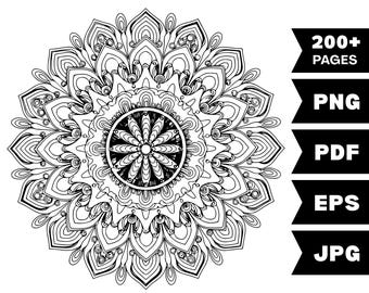 Dibujos para colorear de mandalas imprimibles, libro para colorear para adultos 212, alivio del estrés, atención plena, PDF PNG JPG EPS