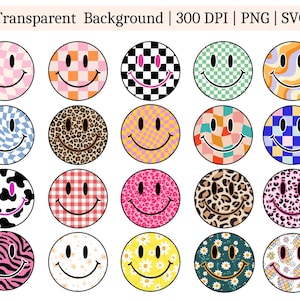 Retro Distressed Smily Face PNG & SVG Bundle: 25 Designs Each in 300 DPI, Includes Checkered Daisy, Groovy Flower, Happy Face Art