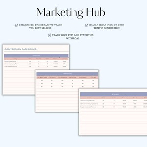 K&ouml;nnte beinhalten: Ein druckbares Marketing-Hub-Arbeitsblatt mit einem hellblauen und rosafarbenen Farbschema. Das Arbeitsblatt enth&auml;lt Abschnitte zur Verfolgung der Konversionsraten des Etsy-Shops, der Traffic-Generierung und des Return on Ad Spend (ROAS).