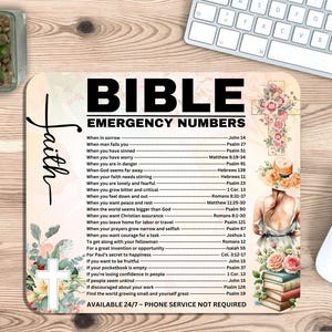 May include: A pink and white mousepad with a floral design and the word "BIBLE" in black letters. The mousepad also includes a list of Bible verses with the text "EMERGENCY NUMBERS" and "faith" in black letters.