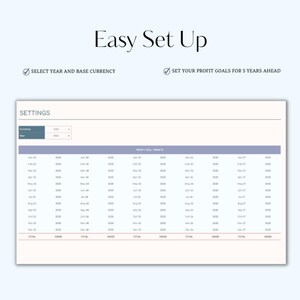 K&ouml;nnte beinhalten: Ein Screenshot einer Tabellenkalkulation mit dem Titel "Easy Set Up". Die Tabellenkalkulation hat einen Abschnitt f&uuml;r "Einstellungen" mit Optionen zur Auswahl eines Jahres und einer Basisw&auml;hrung. Der Hauptteil der Tabellenkalkulation ist eine Tabelle mit Spalten f&uuml;r jeden Monat des Jahres f&uuml;r f&uuml;nf Jahre. Die Tabelle ist mit "Gewinnziele" beschriftet.