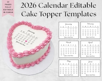 2026 Kalender Herz-Kuchendeckel-Vorlage, bearbeitbares Canva, Wegbrennen-Oblatenpapier (digitaler Download)