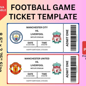 Bearbeitbares Fußballticket, Fußballspielticketgeschenk, Fußballgeburtstagsticket, Vorlagenjubiläum oder Geburtstagsgeschenk für Fußballliebhaber
