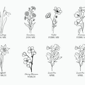 Op de afbeelding: Lijntekeningen van verschillende bloemen, elk met hun naam en de maand waarin ze bloeien. De bloemen omvatten sneeuwklokje, anjer, viooltje, primula, narcis, kersenbloesem en zoete erwt.