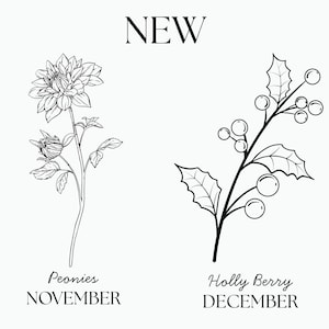Op de afbeelding: Een zwart-witte lijntekening van een pioenroos met de tekst "Peonies NOVEMBER" eronder. Een zwart-witte lijntekening van een hulsttak met de tekst "Holly Berry DECEMBER" eronder. De tekst "NEW" staat bovenaan de afbeelding.