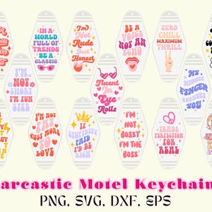 Sarcastic Motel sleutelhanger SVG, PNG, DXF, Eps bundel | 15 grappige retro-sleutelhangerontwerpen, pittige en geestige graveerbestanden voor Cricut-lasersnijden