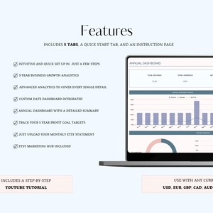 K&ouml;nnte beinhalten: Ein Screenshot eines Computerbildschirms, der eine Tabellenkalkulation mit einem Balkendiagramm und einem Kreisdiagramm zeigt. Die Tabellenkalkulation ist mit "Jahres-Dashboard" betitelt. Der Text "Mit jeder W&auml;hrung verwenden USD, EUR, GBP, CAD, AUD und mehr" befindet sich am unteren Rand des Bildes.