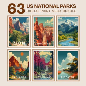Op de afbeelding: Een digitaal printpakket met 63 Amerikaanse nationale parken. De afbeelding toont zes ingelijste posters met illustraties van Zion, Bryce Canyon, Wrangell-St. Elias, Badlands, Hot Springs en Biscayne, elk met de naam van het nationale park.