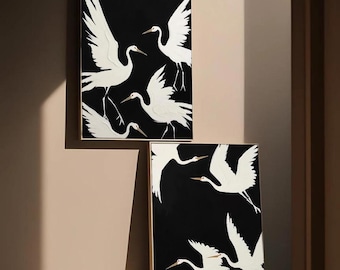 Japandi Crane Wall Art Set of 2 - Wabi-Sabi Wall Art, Minimalist Wall Art, Gift for Nature lovers, Japanese Crane Wall Art, Digital Download