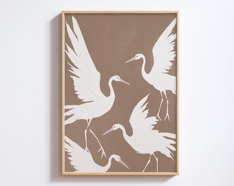 Neutral Flying Crane Wall Art - Japandi Digital Download, Japandi Decor, Gift for Nature lovers, Japanese Crane Wall Art