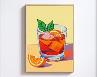 Bold Negroni Cocktail Art Print | Orange Drink Wall Decor | Modern Bar Cart Art | Digital Download for Kitchen & Lounge