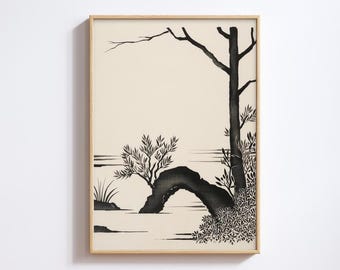 Minimalistyczna japońska sztuka krajobrazowa wykonana tuszem - Japandi Wall Art, drukowana sztuka ścienna, wydruk japońskiej sztuki ściennej wykonanej tuszem, minimalistyczna sztuka ścienna