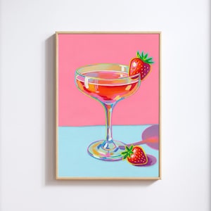 Vibrant Strawberry Cocktail Art Print | Pink Drink Wall Decor | Modern Bar Cart Art | Digital Download Kitchen & Dining
