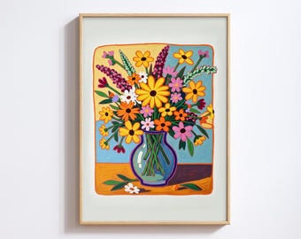 アンリ・マティス風の花瓶画 カラフルな花柄ウォールアート 大胆な