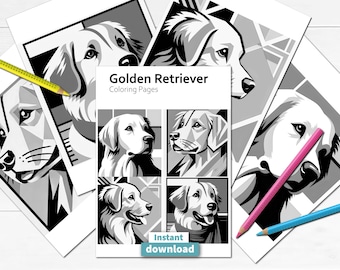 May include: Black and white colouring pages featuring different poses of Golden Retrievers. The title of the pages is "Golden Retriever Colouring Pages".