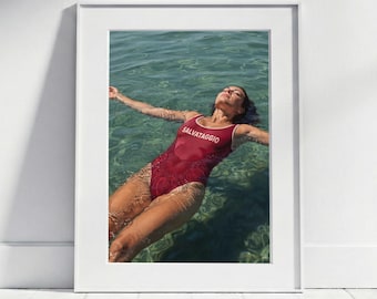Salvataggio Italian Poster, Lifeguard in the Sea, Summer Beach Wall Art, Minimalist Bathroom Decor, Woman in the Water Print oil paint style