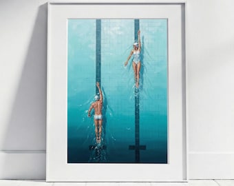 Minimalist Swimmer Poster | Retro Pool Art Print, Oil Painting Style Image, Bathroom Decor, Gift for Swimmers, Swimsuit & Swim Cap Wall Art