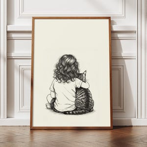 Girl with cat poster I print, child sitting with a cat, children&#39;s room bedroom sketch poster, child and cat children&#39;s room poster, Cat Art