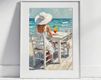 Woman in Beach Bar Poster | Beach Sea Print, Cocktail Wall Art, Bathroom Art, Nautical Summer Decor, Beach Picture, Woman by the Sea Poster