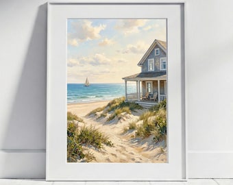 Beach House Poster, Nautical Wall Art | Hamptons Coastal Decor, Dunes by the Sea, Sailboat, Oil Painting Style, Living Room, Bathroom