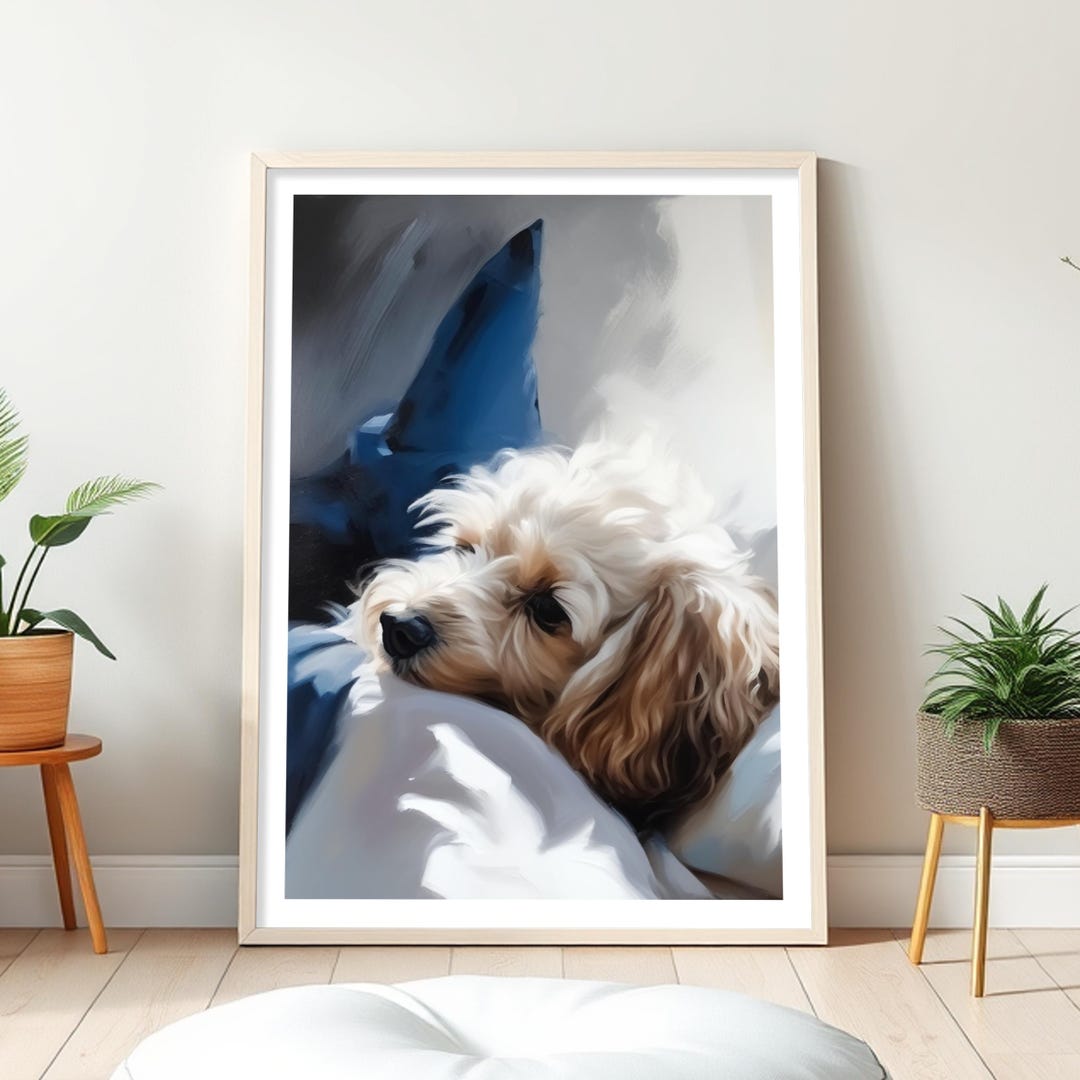 Poodle Poster I Dog With Pillow in Bed, Printable Poster, Digital Dog ...