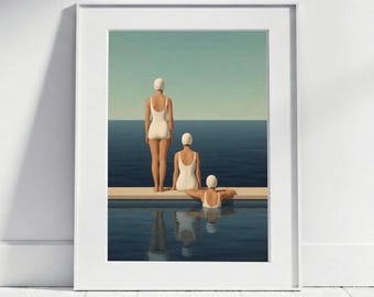 Retro Pool Art Print Swimmer Poster, Minimalist Summer Wall Art, Green-Blue-White Maritime Bathroom Decor, Woman in Swimsuit and Swim Cap