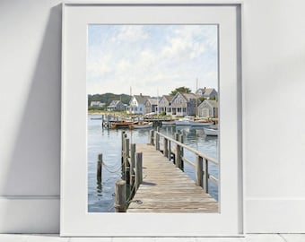 Seaside Boat Dock Hamptons Poster Nautical Coastal Wall Art | Sailboat Art Print, Harbor Summer Landscape, Beach House & Bathroom Decor