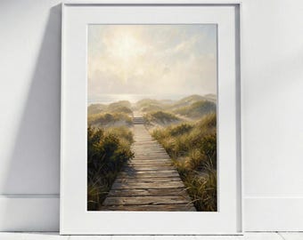 Hamptons Coastal Landscape Poster, Vintage-Style Beach House Decor, Dunes and Beach Bathroom Art Print, North Sea Baltic Sea Image