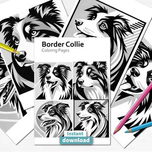 Könnte beinhalten: Schwarz-weiß-Malvorlagen mit verschiedenen Posen von Border Collies. Der Titel der Seiten lautet "Border Collie Coloring Pages". Der Text "Sofort-Download" befindet sich am unteren Rand der Seite.