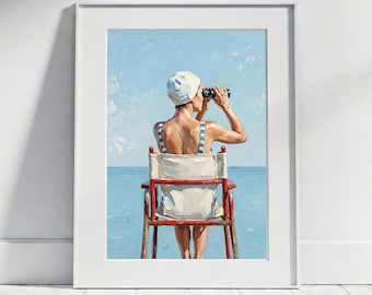 Art print woman with a bathing cap and binoculars | Vintage oil painting style beach poster, coastal poster, beach house decor, bathroom art