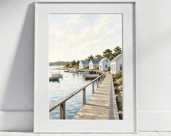 Coastal Landscape Wall Art Hamptons Poster I Nautical Harbor & Pier Art Print Beach House Decor, Boats Poster for Living Room and Bathroom