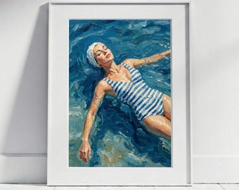 Vintage Swimmer Swimming Cap Poster | Nautical Wall Art Woman in the Sea, Swimsuit Oil Painting Style Art Print, Retro Bathroom Decor