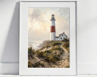 Lighthouse Poster Hamptons, Maritime Coastal Landscape, Vintage-Style Beach House Decor, Coastal Art Print, Sea and Dunes Bathroom Decor